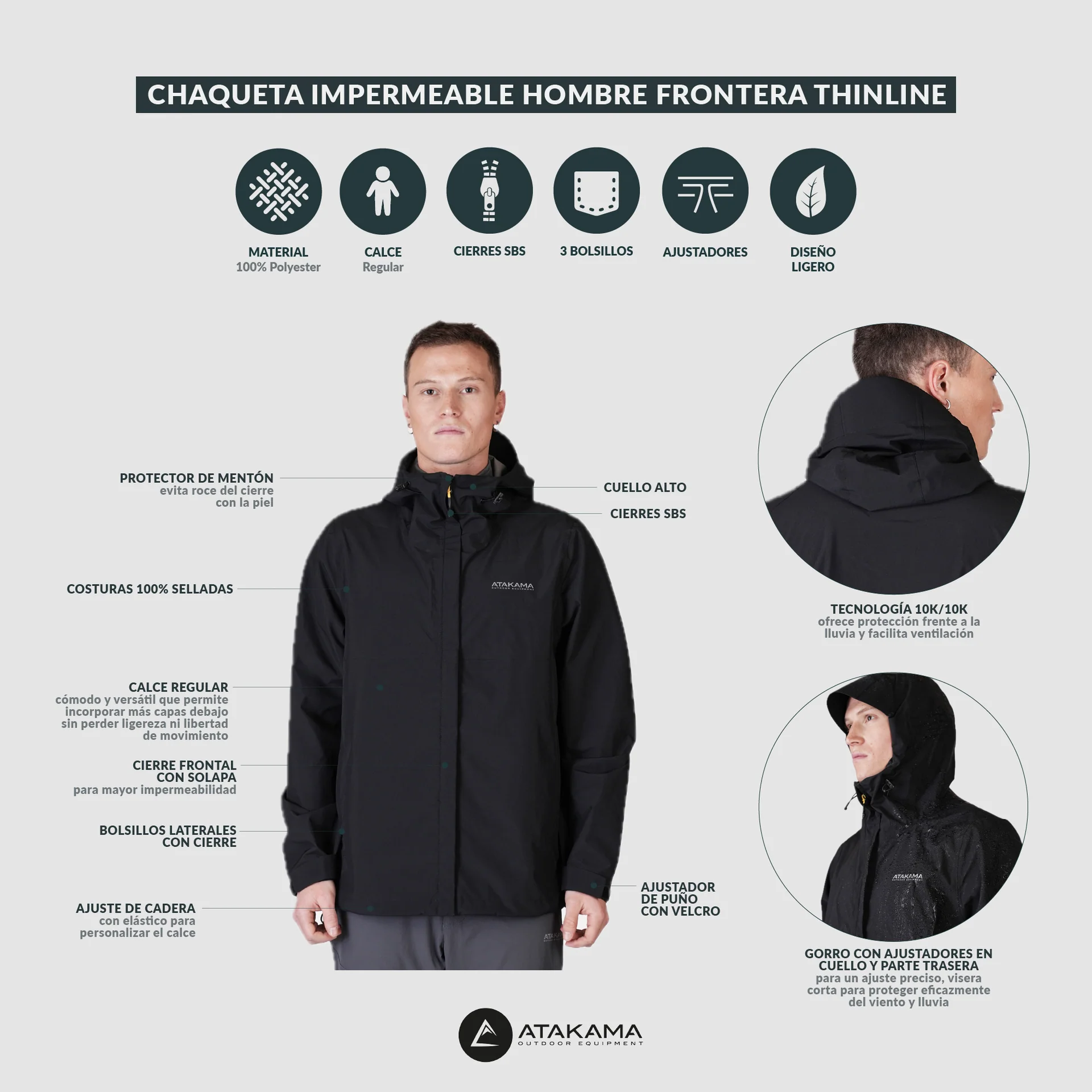 CHAQUETA IMPERMEABLE ATAKAMA HOMBRE FRONTERA THINLINE NEGRO