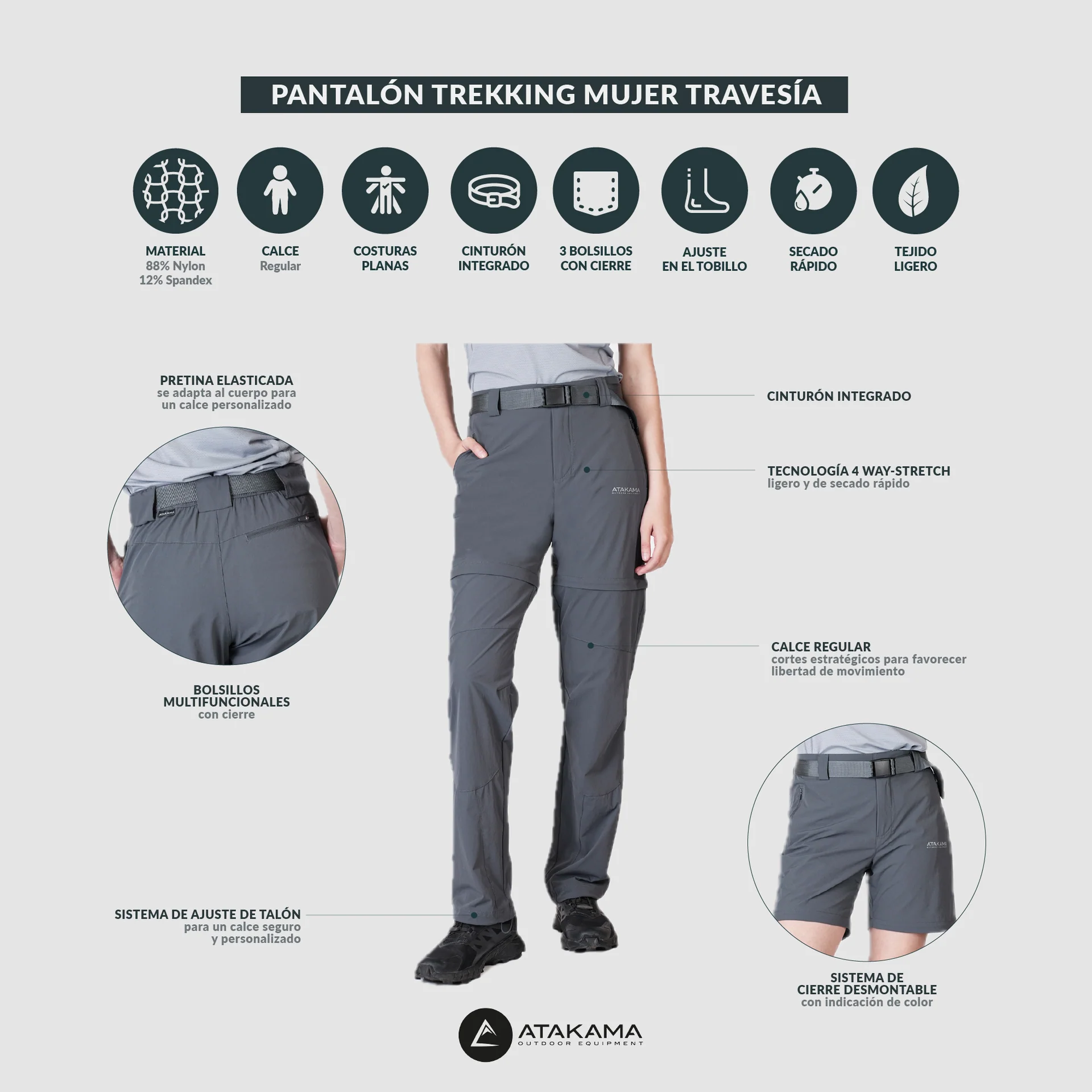 PANTALON DESMONTABLE ATAKAMA TREKKING MUJER TRAVESIA GRIS
