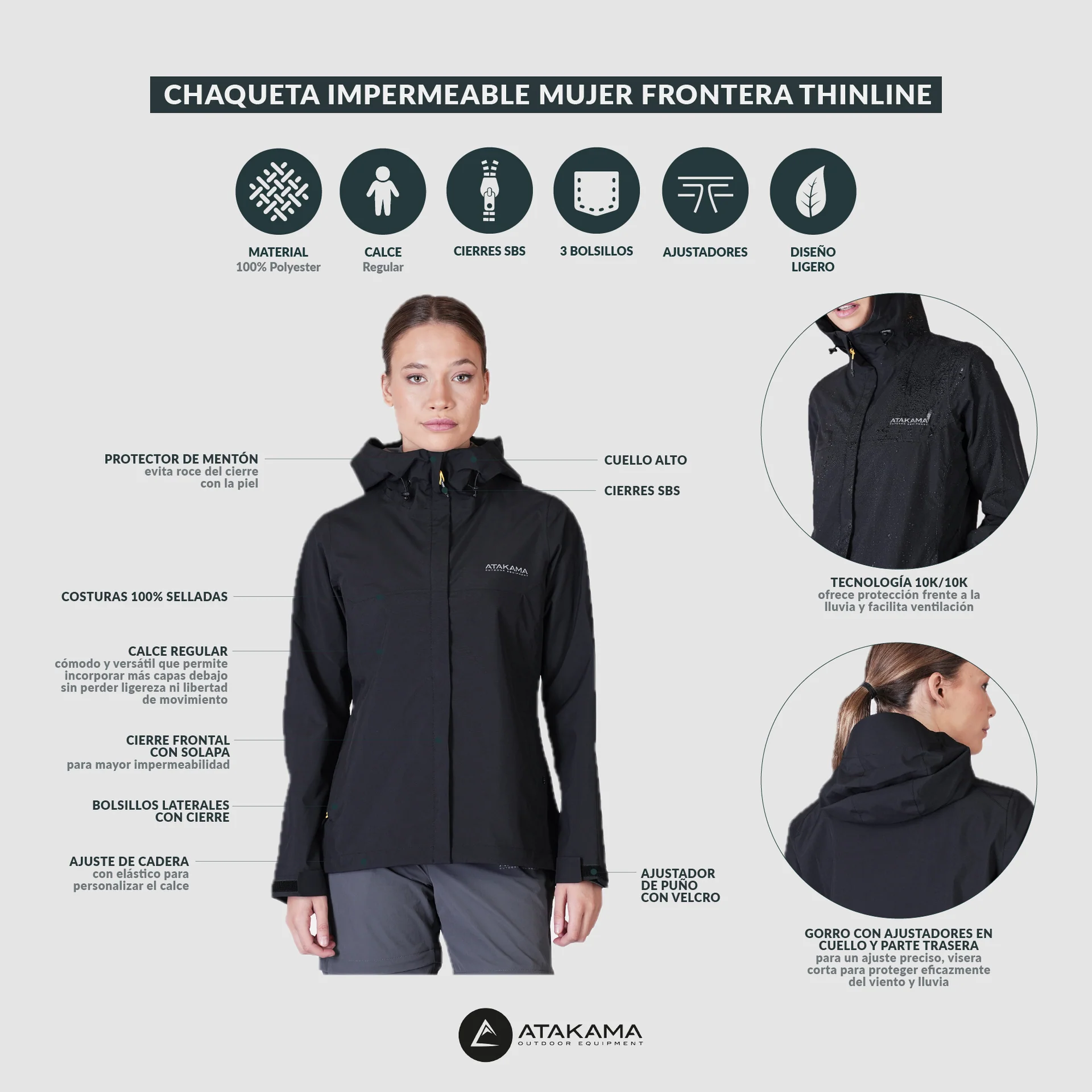 CHAQUETA IMPERMEABLE ATAKAMA MUJER FRONTERA THINLINE NEGRO