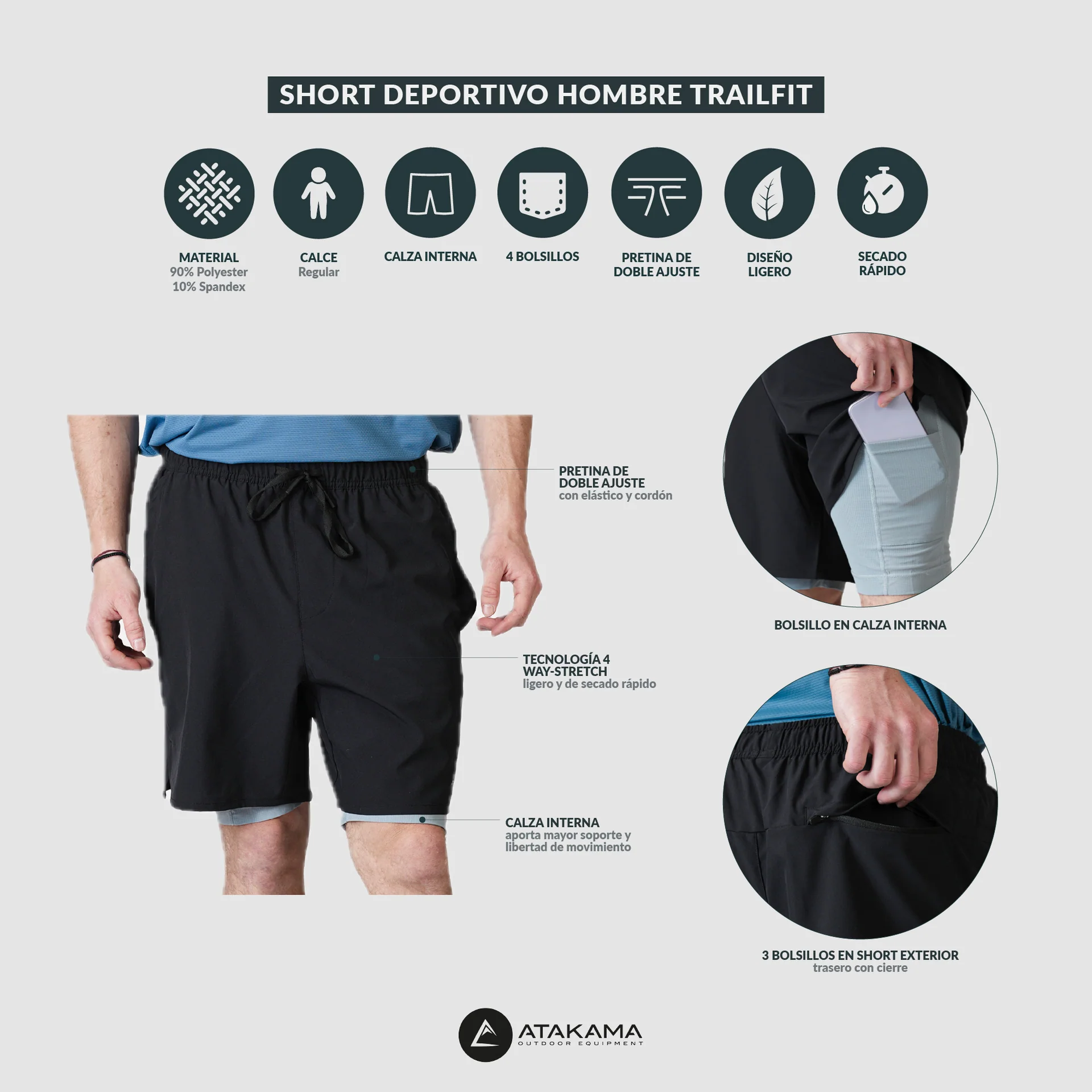 SHORT DEPORTIVO ATAKAMA HOMBRE TRAILFIT NEGRO