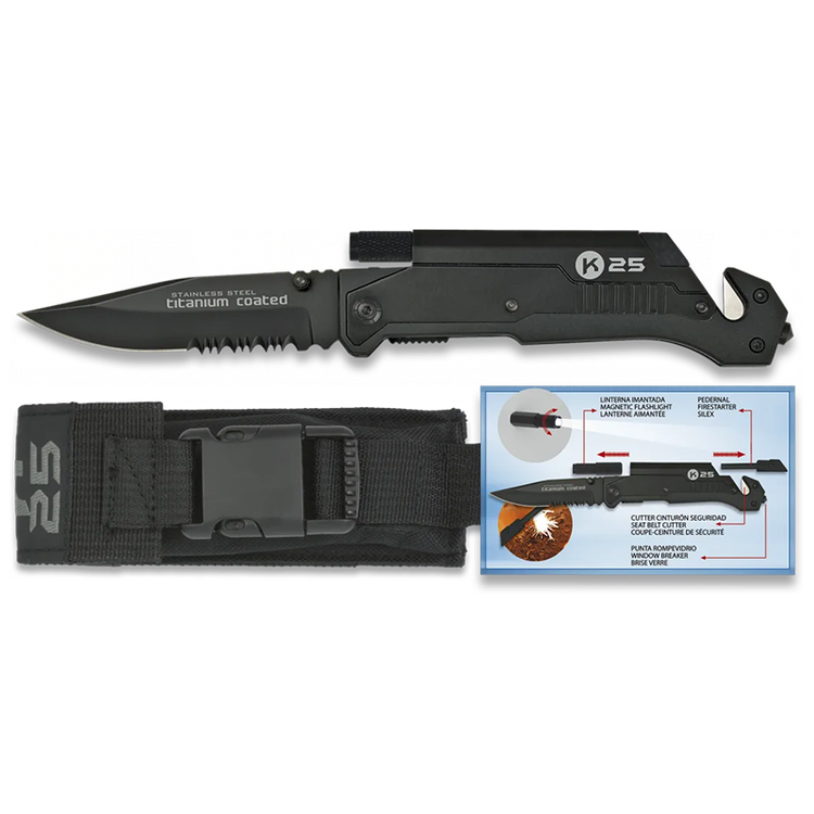 NAVAJA TACTICA K25 NEGRA CON LINTERNA+PEDERNAL 9CM 19265