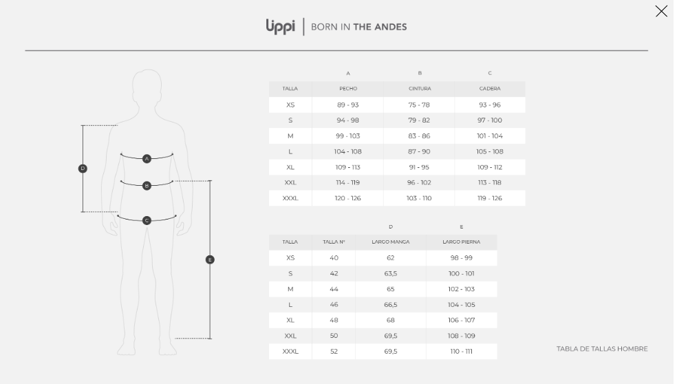 Guia de Tallas POLERA HOMBRE ADVENTURE PAGE LIPPI CAMEL