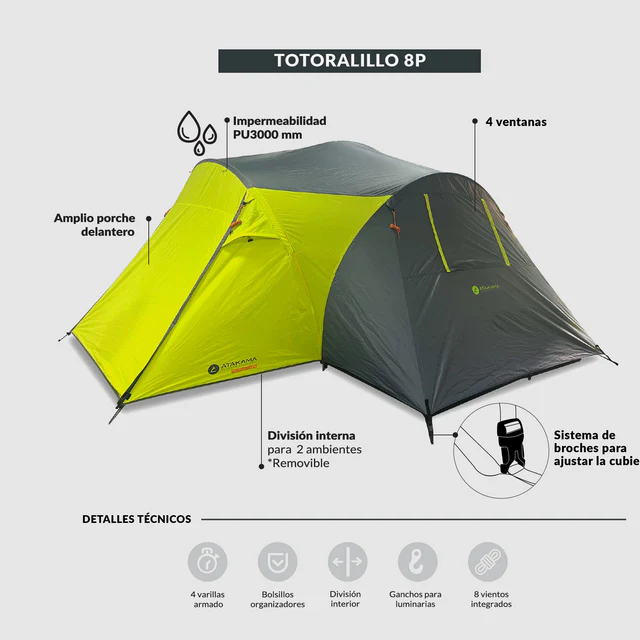 CARPA ATAKAMA TOTORALILLO 8P | 3 ESTACIONES