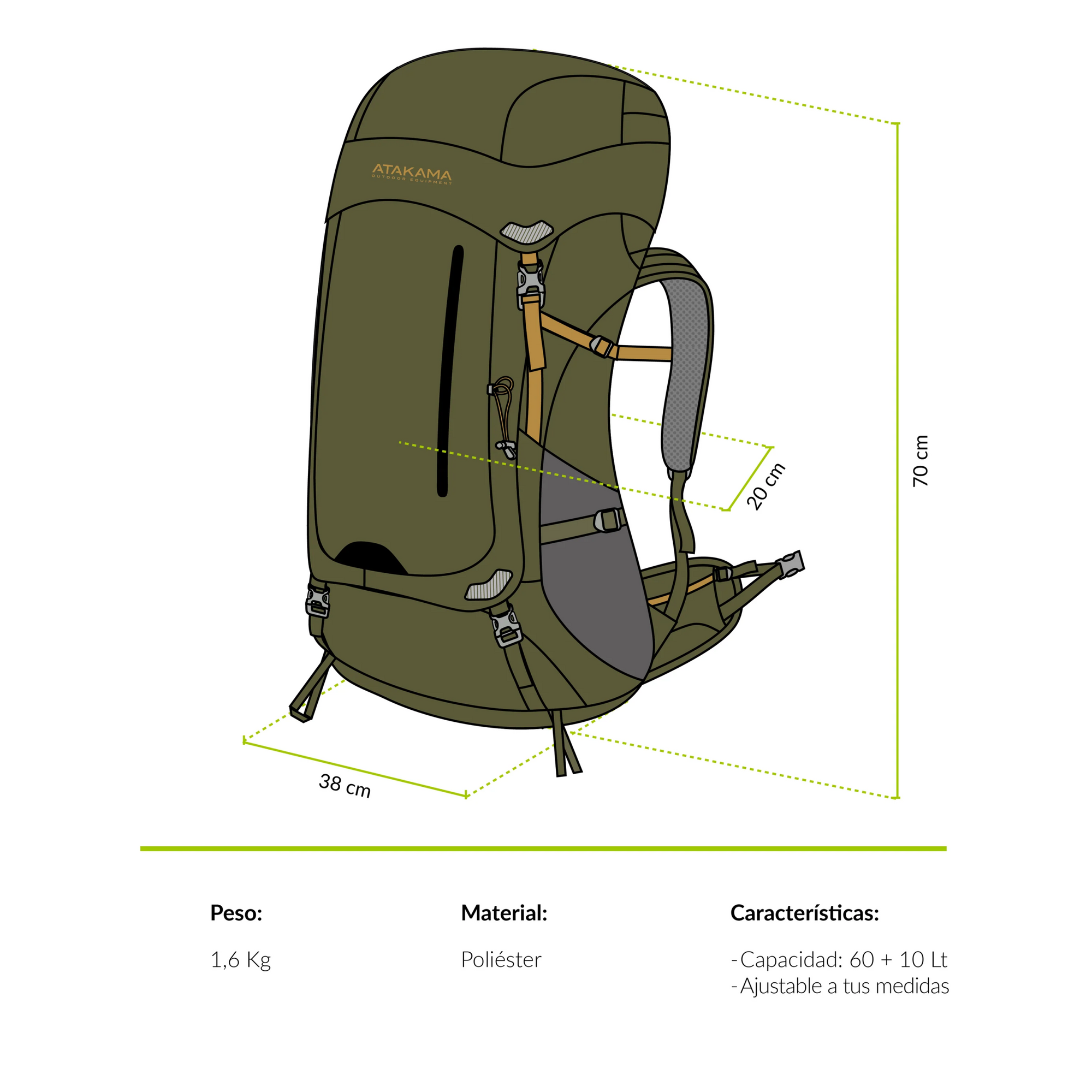MOCHILA ATAKAMA OUTDOOR TORRES DEL PAINE | 60+10 LTS