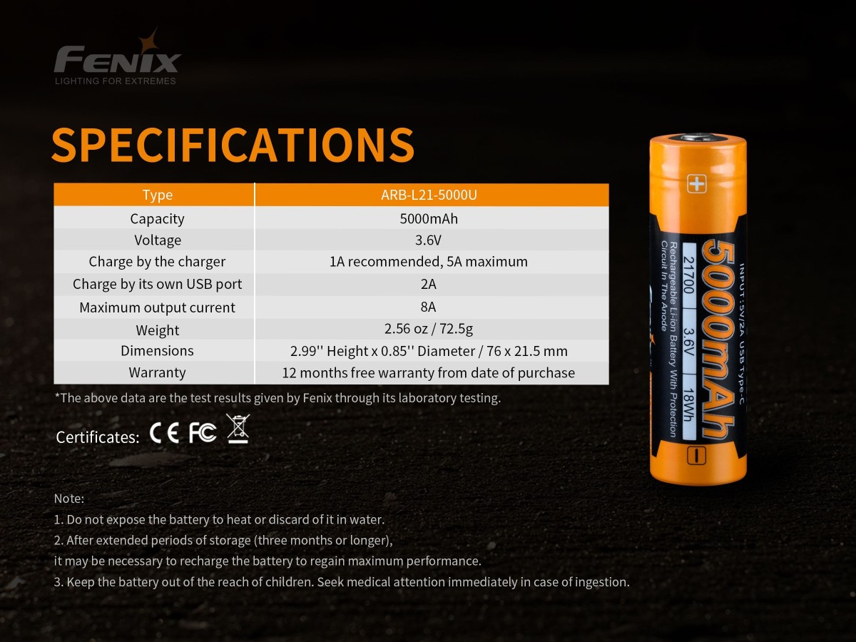 BATERIA FENIX 21700 ARB-L21 USB 5000 MAH